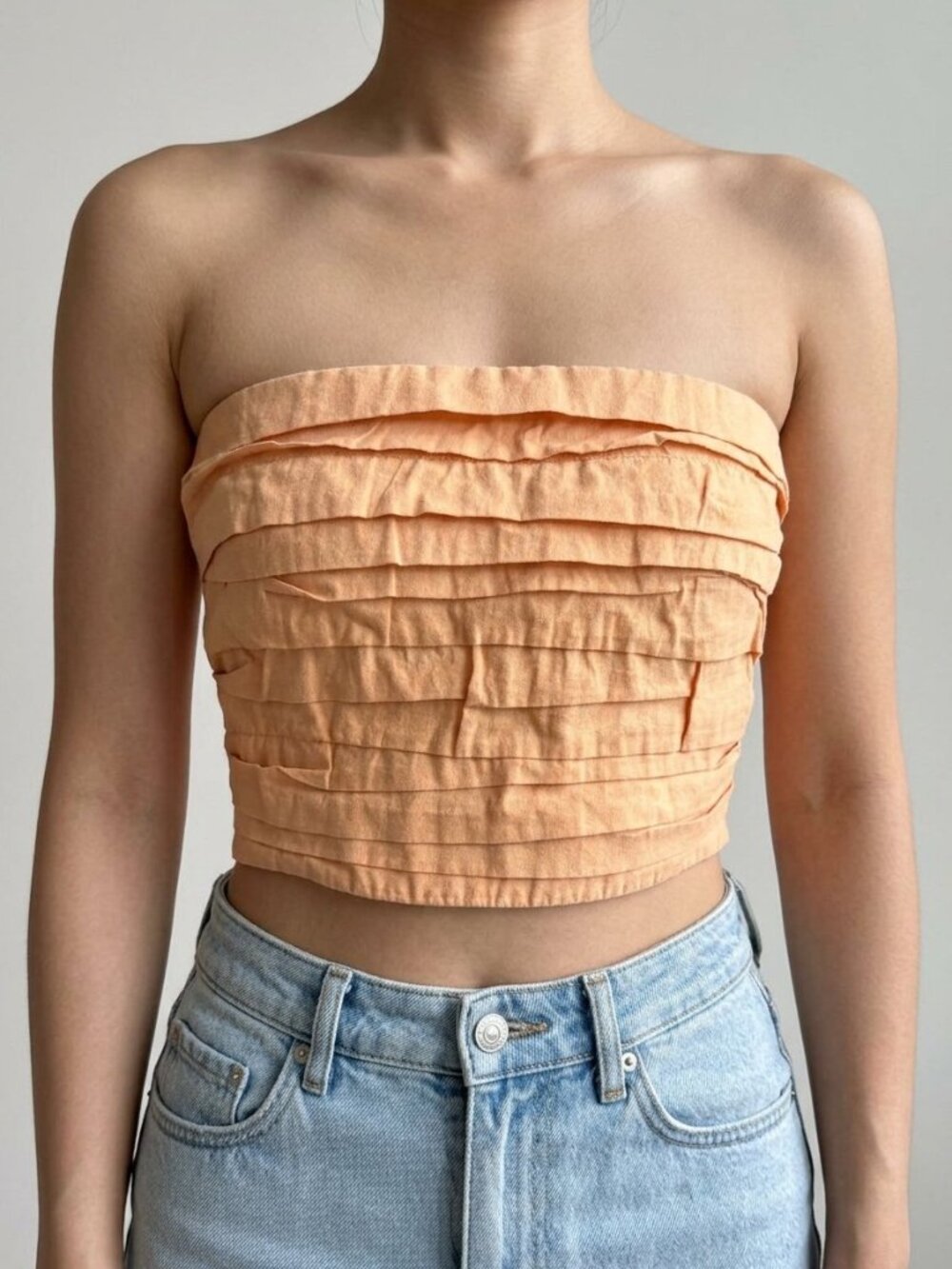 Abercrombie & Fitch Y2K Ruffle Pleated Strapless Tube Top Peach | Size S